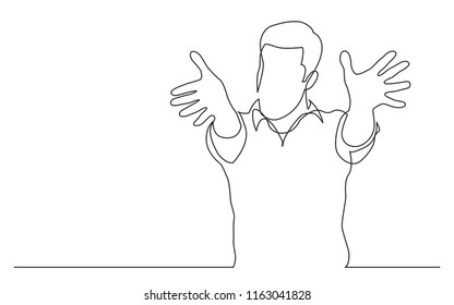 continuous line drawing of standing man greeting stretching hands