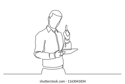 continuous line drawing of standing man with tablet pointing finger