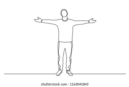 continuous line drawing of standing man spreading arms