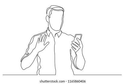 continuous line drawing of standing man waving to his mobile phone