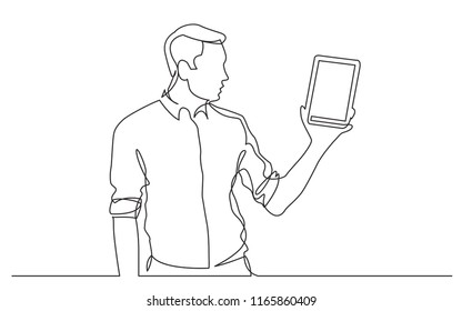 continuous line drawing of standing man showing tablet screen