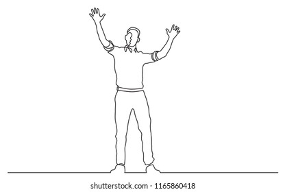 continuous line drawing of standing man waving hands