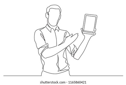 continuous line drawing of standing man showing tablet screen
