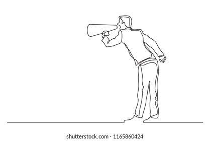 continuous line drawing of standing man shouting in megaphone