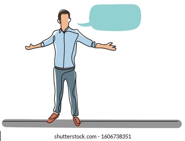 continuous line drawing of standing man raising hands