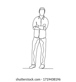 Continuous line drawing of standing man corssing hand gesture. Vector illustration