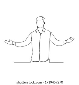 Continuous line drawing of standing man open palm hand gesture to make comparison. Vector illustration