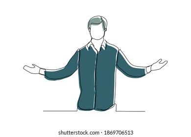 Continuous line drawing of standing man open palm hand gesture to make comparison. Vector illustration