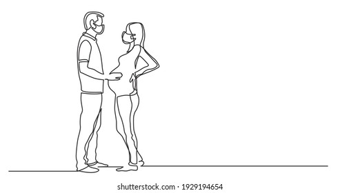 continuous line drawing of standing man and pregnant woman wearing face masks