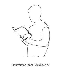 continuous line drawing of standing man reading book