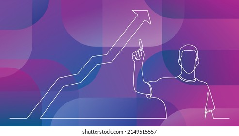 continuous line drawing of standing man pointing finger at growing graph