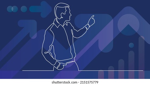 continuous line drawing of standing man presenter pointing at screen