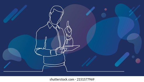 continuous line drawing of standing man with tablet pointing finger