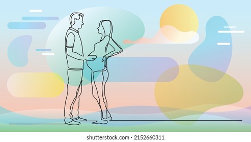 continuous line drawing of standing man and pregnant woman