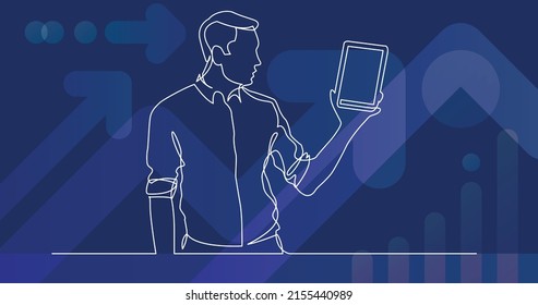 continuous line drawing of standing man showing tablet screen