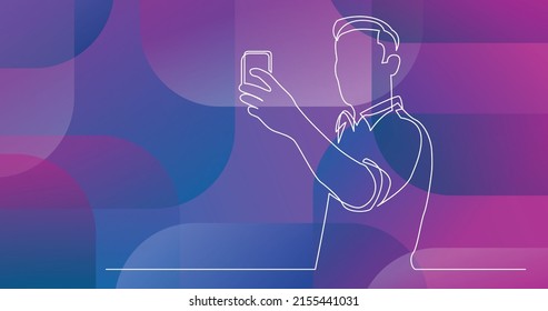 continuous line drawing standing man making selfie and his mobile phone