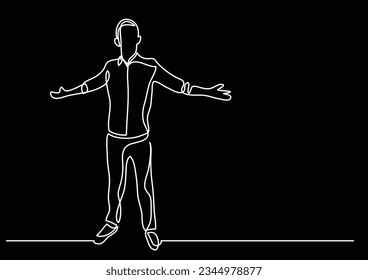 continuous line drawing of standing man raising hands