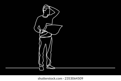 dibujo de línea continua del hombre de pie con sensación de pérdida del mapa