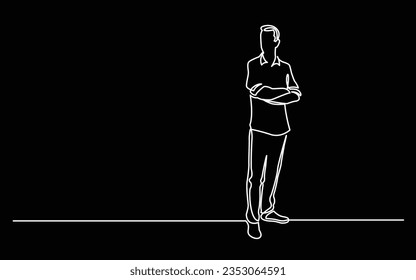 continuous line drawing of standing man with crossed arms