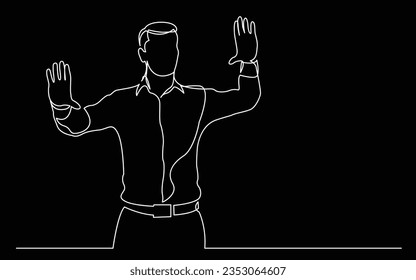 continuous line drawing of standing man showing with his hands