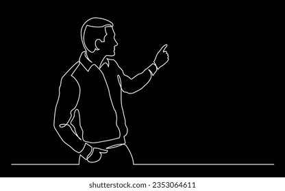 continuous line drawing of standing man presenter pointing at screen