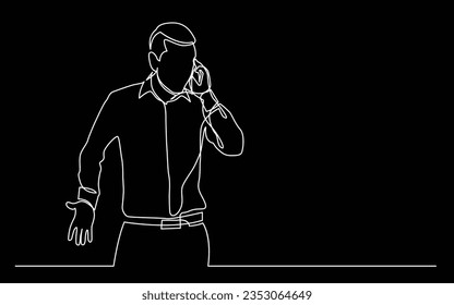 dibujo de línea continua del hombre de pie hablando emocionalmente por teléfono celular