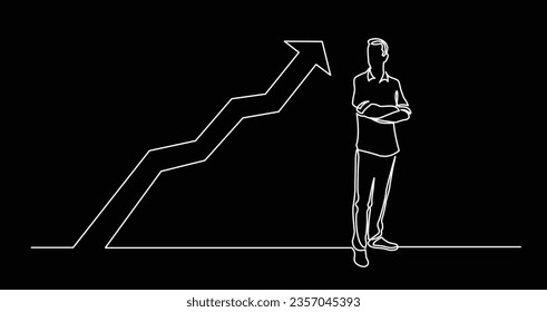 continuous line drawing of standing man with crossed arms with growing graph