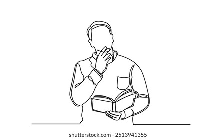 Continuous line drawing of a standing man reading a magazine or book. Single-line young men reading life improve the book. The concept of study, thinking, finding new ideas, learning, and education.
