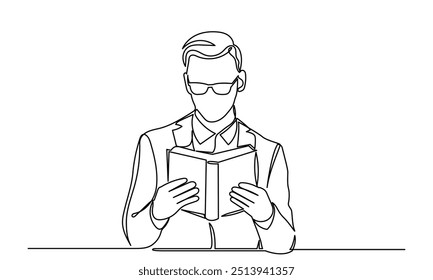 Dibujo de línea continua de un hombre de pie leyendo una revista o un libro. Hombres jóvenes de una sola línea que leen la vida mejoran el libro. El concepto de estudiar, pensar, encontrar nuevas ideas, aprender y educar.
