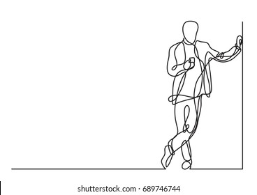 continuous line drawing of standing man with cell phone