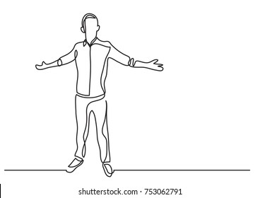 continuous line drawing of standing man raising hands