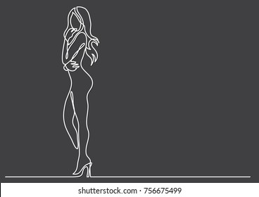continuous line drawing of standing nude woman on high heels