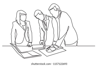 continuous line drawing of standing office workers editing paper documents