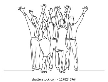 continuous line drawing of standing office team cheering waving hands