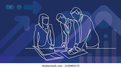 continuous line drawing of standing office workers editing paper documents