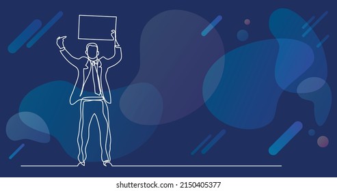 continuous line drawing of standing office worker pointing at blank sign