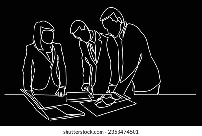 dibujo en línea continua de los trabajadores de las oficinas permanentes que editan documentos en papel
