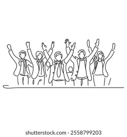 Continuous line drawing of standing office team cheering, waving hands. Group of Happy Business People Drawing.