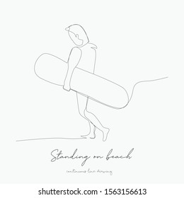 continuous line drawing. standing on beach with surfboard. simple vector illustration. standing on beach with surfboard concept hand drawing sketch line.