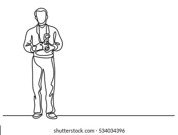 continuous line drawing of standing photographer with camera