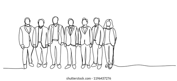continuous line drawing of standing team of professionals vector illustration business concept.