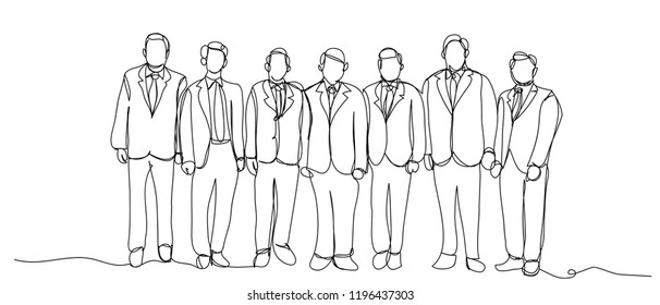 continuous line drawing of standing team of professionals vector illustration business concept.
