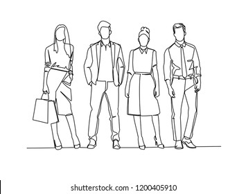 continuous line drawing of standing team of professionals vector illustration business concept.