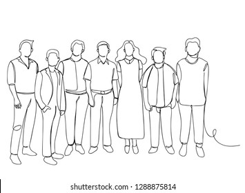 continuous line drawing of standing team of professionals vector illustration business concept.
