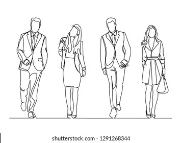 continuous line drawing of standing team of professionals vector illustration business concept.
