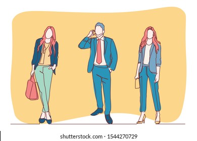 continuous line drawing of standing team of professionals vector illustration business concept.