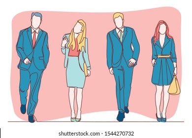 continuous line drawing of standing team of professionals vector illustration business concept.