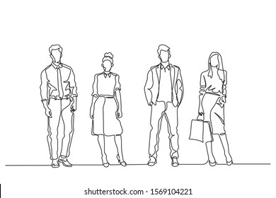 continuous line drawing of standing team of professionals vector illustration business concept.