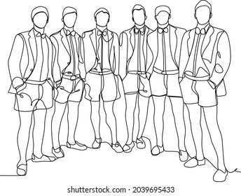continuous line drawing of standing team of professionals vector illustration business concept.
