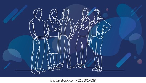 continuous line drawing of standing team of professionals